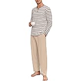 PrinStory Men's Pajamas Set Long Sleeve Pjs 2 Piece Comfy Pajama Sleepwear Henley Loungewear Sets with Pockets
