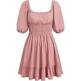 CIDER Ruched Puff Sleeve Dress Square Neck Ruffle Mini Casual Summer Dress