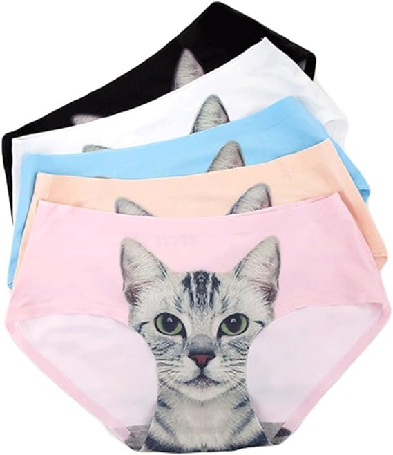 Amazon 女性用 セクシー 無縫製 猫ちゃんプリント アンチ露出 ショーツ可愛い 3d猫パンツ レディース ランジェリー ブリーフ 違う色5点セット サニタリーショーツ 通販