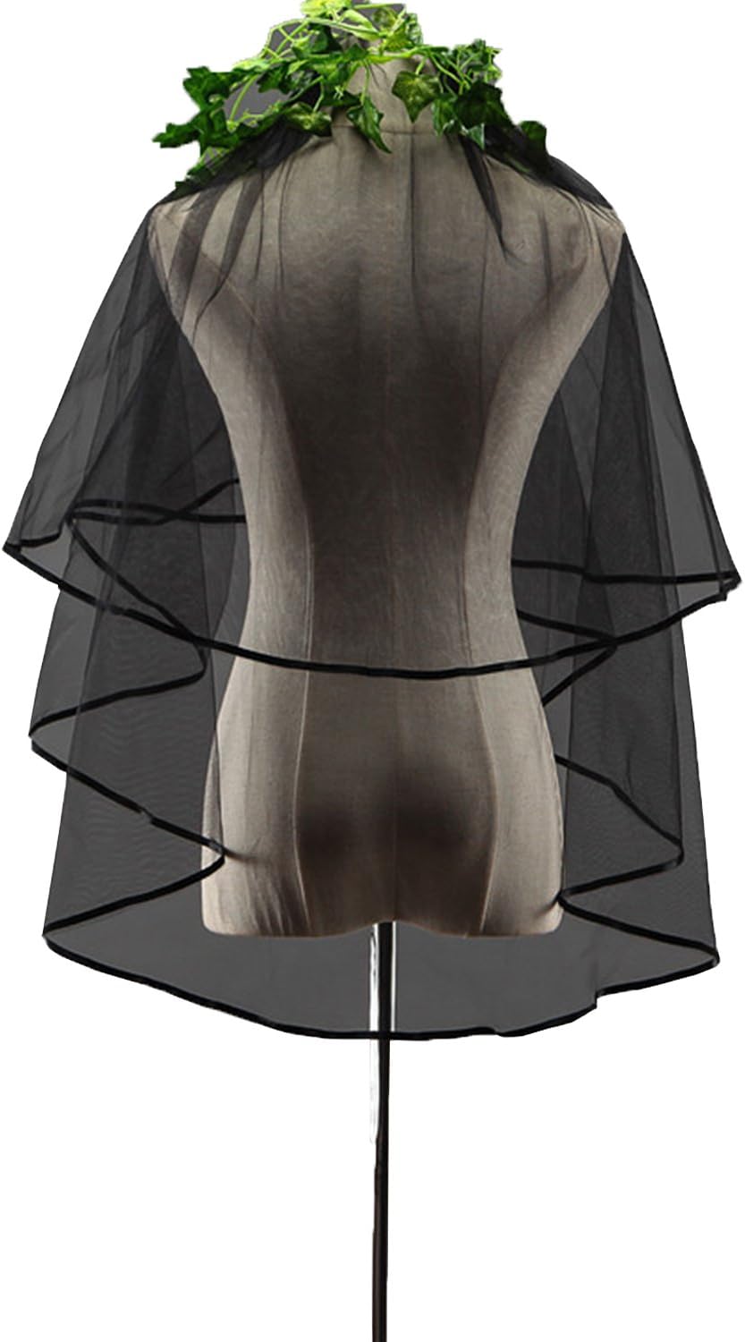 PEBridal 2 Layers Black Wedding Veil Brides Short Bridal Veil with Comb Black