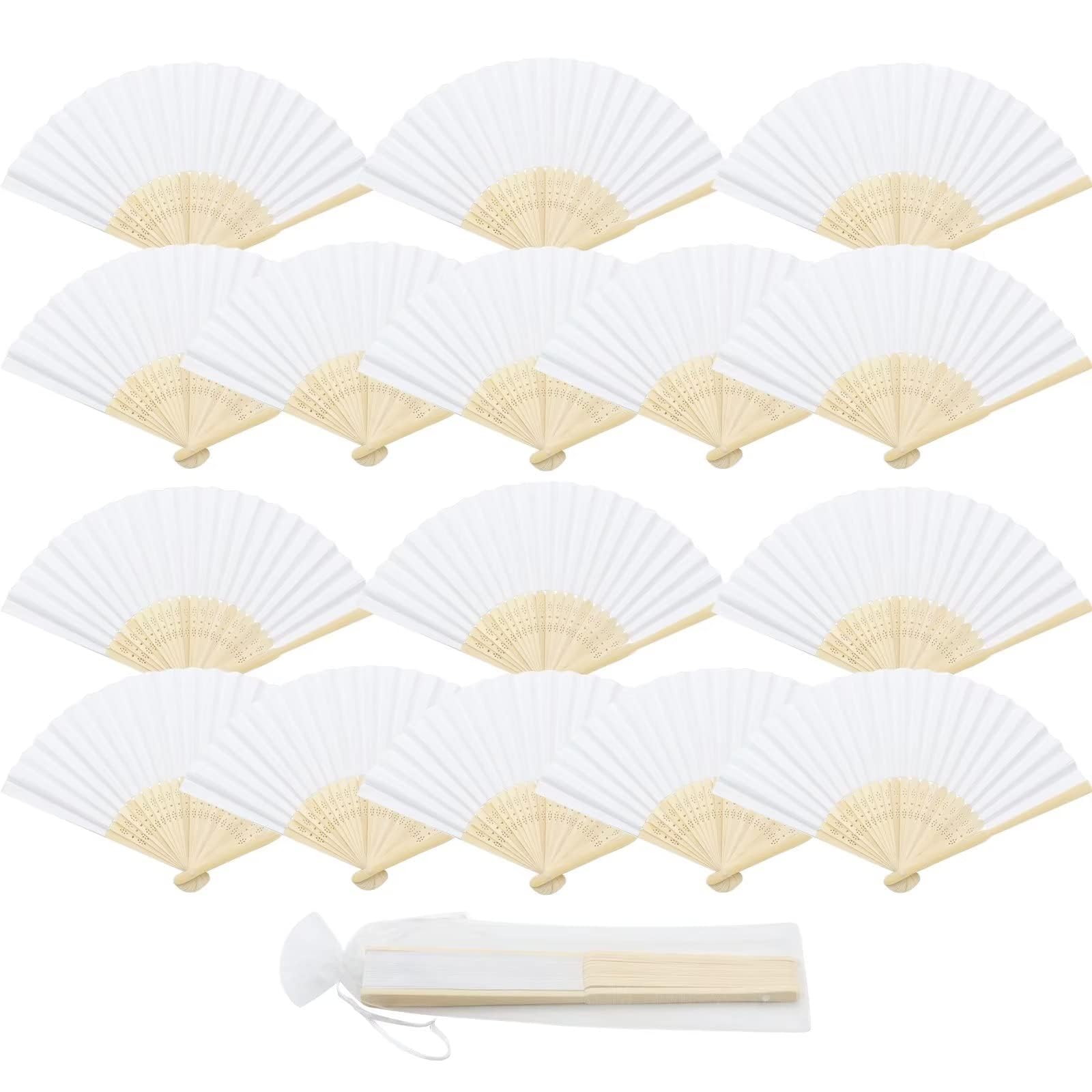 ZOCONE 16 PCS White Wedding Fans for Guests+16 PCS Organza Bags, Foldable Paper Fans Handheld Bamboo Paper Fan for Wedding Gift/Dancing/Wedding Party/Wall Decoration/Party Favor/Party Decoration