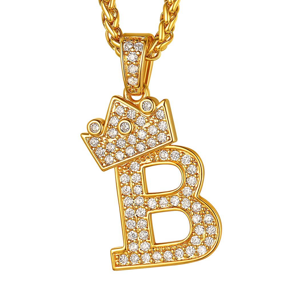 Suplight Hip Hop Initial Letter, Tennis Chain with Pendant B, Cubic Zirconia CZ Pave Monogram Charm Gold Crown Pendant Bling Bling Ice Necklace for Boys Girls — image 1