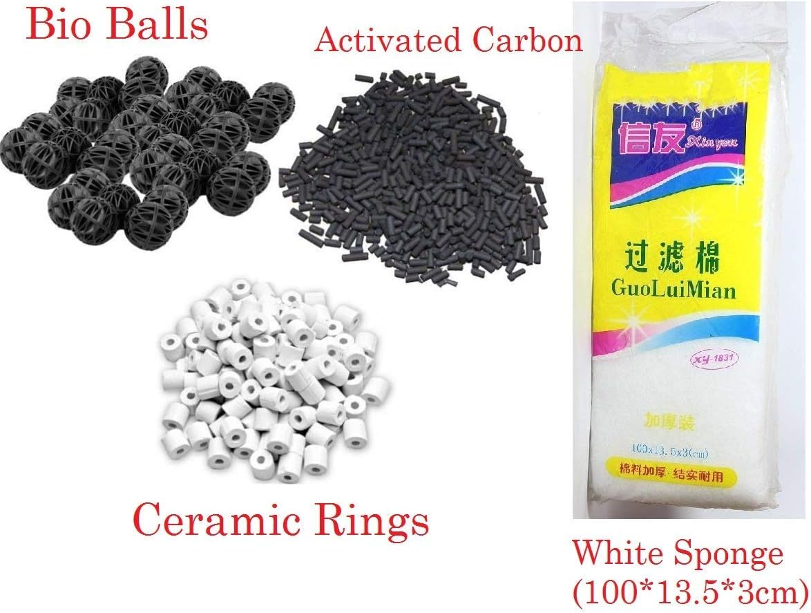 COLOURFUL AQUARIUM - Filter Combo Accessories Kit -500 g Activated Carbon + 500 g Ceramic Rings + 22 Bio Balls (26 mm) + White Sponge