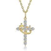 Hitlinker Moissanite Cross Necklace with Crown for Women Sterling Silver Pendant Christian Faith Chain Jewelry Gifts