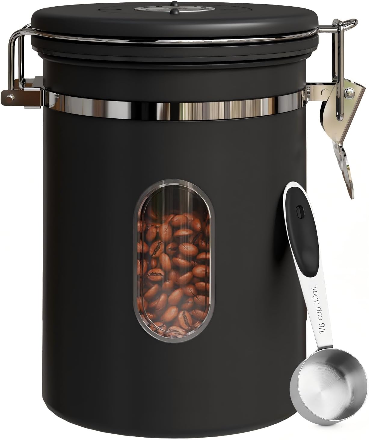 COMIWIN 1800ml Coffee Canister with Window 22OZ, Date Tracker & Scoop, Ground Beans, Airtight Stainless Steel Kitchen Food Storage Container, Tea, Cereal, Sugar, Bar Accessories Gifts, Black Jar