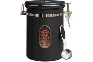 COMIWIN 1800ml Coffee Canister with Window 22OZ, Date Tracker & Scoop, Ground Beans, Airtight Stainless Steel Kitchen Food St