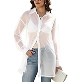 Gihuo Womens Sheer Blouse Mesh Button Down Shirts Long Sleeve Sexy See Through Tops