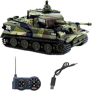 1:72 Army Military 27MHz Remote Control Tank with USB Charger Cable Mini RC Tank Toys German Tiger with Sound Artillery Shoots (Green)