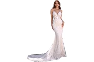 HANSHI E-COMMERCE Mermaid Wedding Dresses for Bride 2024 Boho Lace V-Neck Backless Beach Bridal Dress for Bride