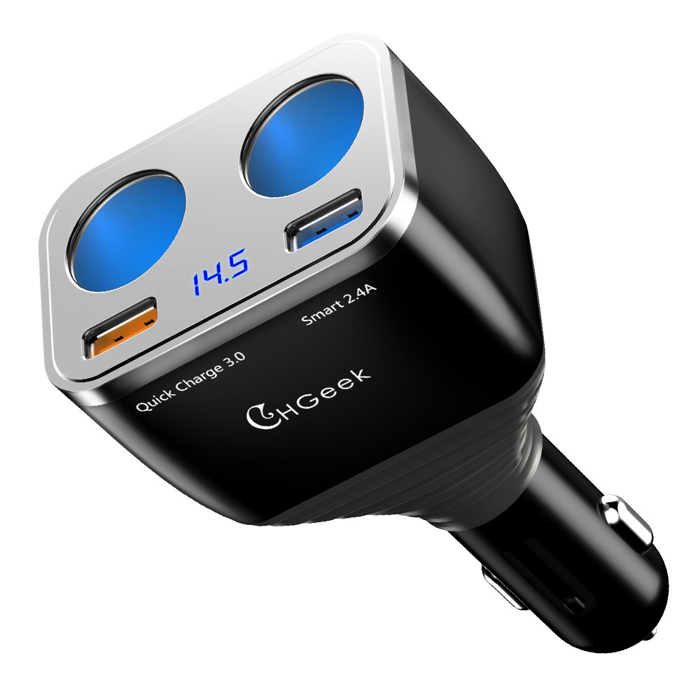 Quick Charge 3.0 Car Charger, CHGeek 80W 12V/24V 2 Socket Cigarette Lighter Splitter+QC3.0 3A+Smart 2.4A Dual USB Port Car Power Adapter for iPhone iPad Android Samsung GPS Dash Cam DVD Player CH08