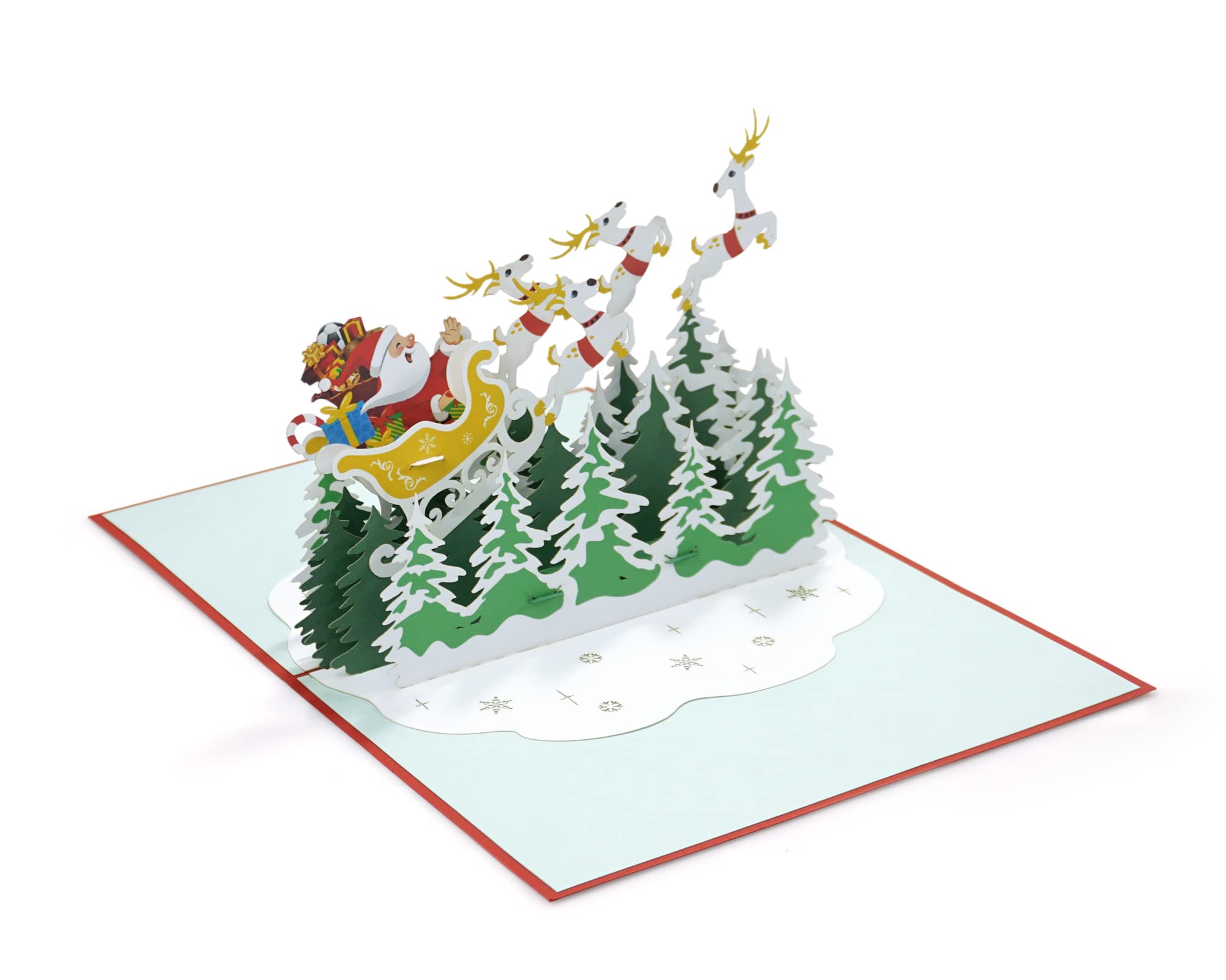 Santa Claus Sleigh and Reindeer 3D Pop Up card.A Delightful holiday surprise greeting card gift for kids, friends, family and loved ones. For Christmas decor and parties.15cmx20cm