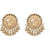 Vintage Round CZ Beaded Tassel Statement Dangle Drop Earrings for Women Gold Plated Sparkly Crystal Ethnic Retro Style Indian Chandelier Dangling Stud Jhumka Festival Trendy Jewelry