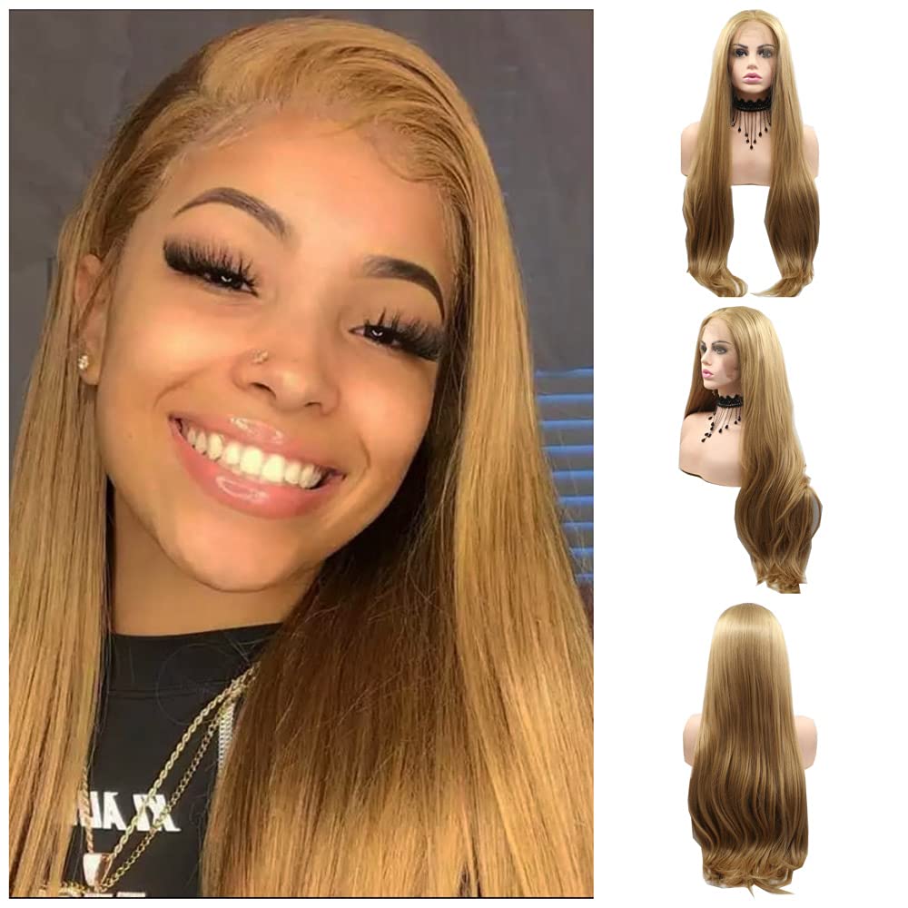 RainaHair 24inches Honey Blonde Long Silky Straight Wig Middle Part Synthetic Lace Front Wigs Heat Resistant Fiber for Women Daily Wear Replacement Wig Natural Hairline Party Queen