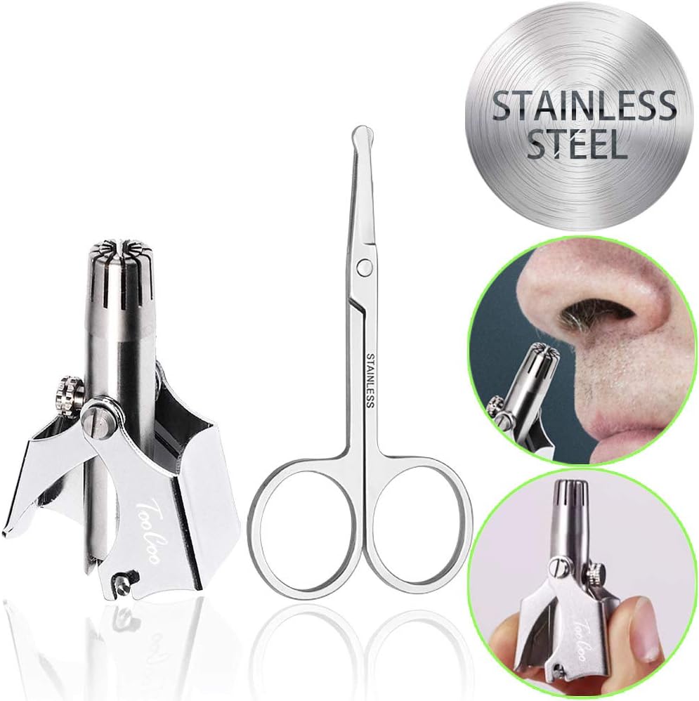 TooCoo Manual Nose and Ear Hair Trimmer, No Batteries Needed, Washable and Portable Stainless Steel Nose Hair Remover, Come with a Stainless Steel Safety Hair Scissors