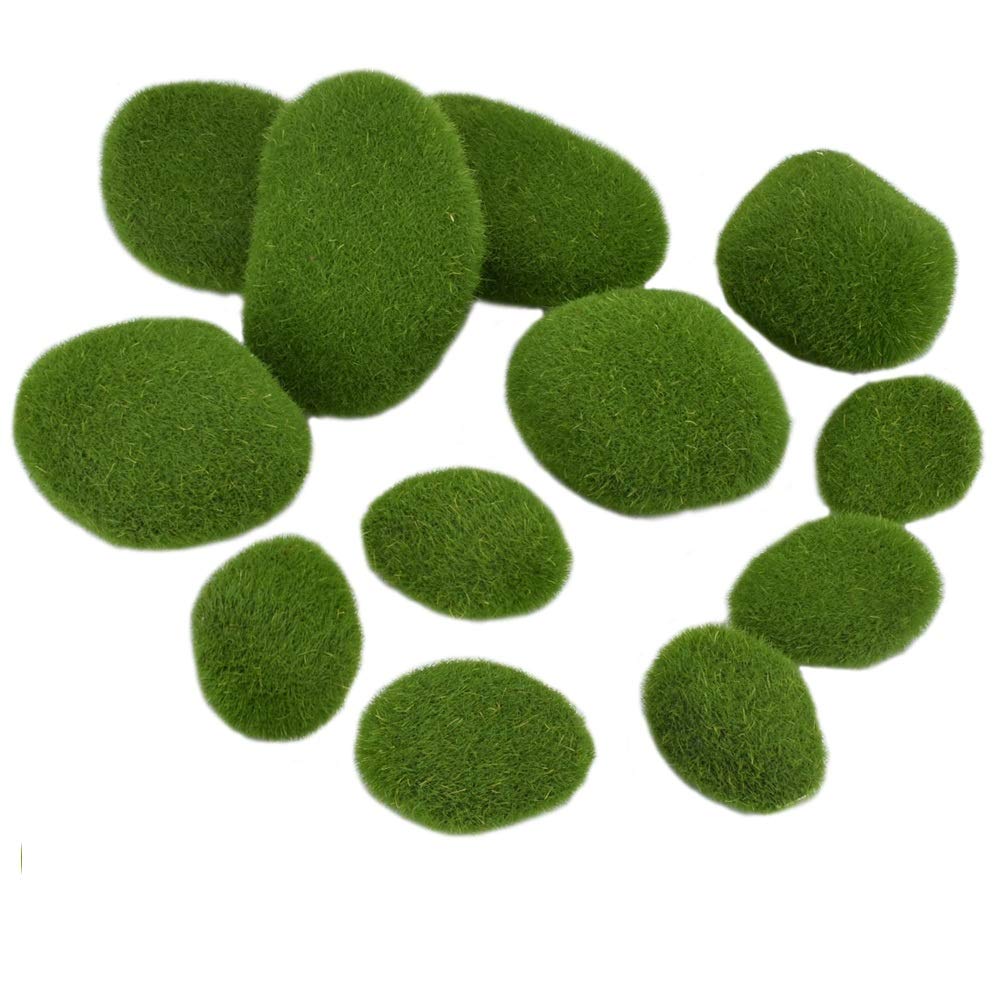 CODIRATO 12 PCS Artificial Moss Rocks Decorative Green Moss Balls 3 Size Fake Moss Decor Faux Stones for Floral Arrangements, Fairy Gardens, Terrariums and Crafting (Green)