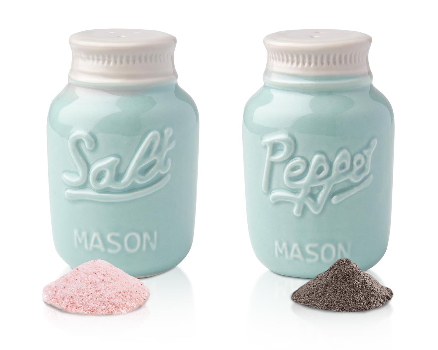 Vintage Mason Jar Salt & Pepper Shakers by Comfify - Adorable Decorative Mason Jar Decor for Vintage, Rustic, Shabby Chic - Sturdy Ceramic in Aqua Blue - 100 ml Cap.
