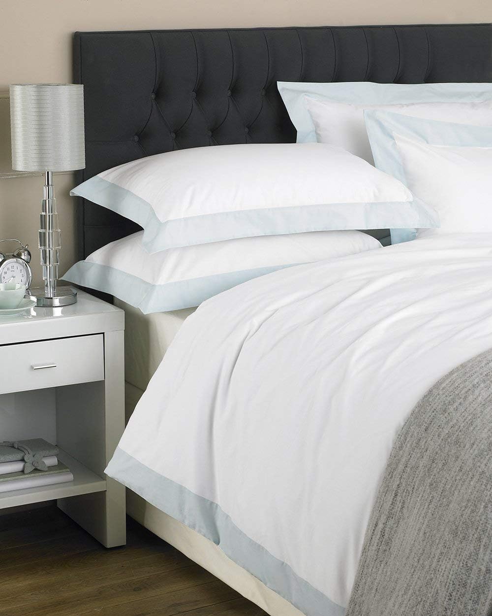 Harvard Super King Bed Duvet Set Plain White Duck Egg Blue Border Panel Design 200 Thread