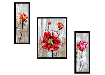 Saf Diwali Gift For Home Uv Textured Flower Print Framed Art Print Painting Set Of 3 For Home Decoration - Size 35 X 2 X 50 Cm