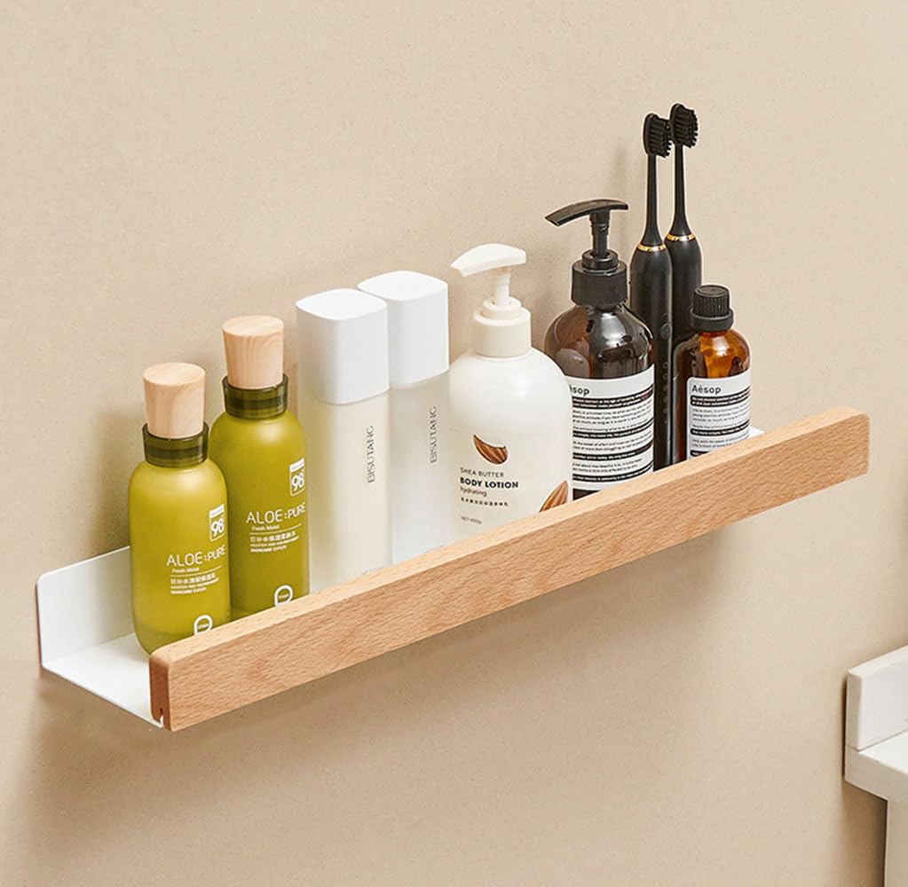 AJINGELA Wall Mounted Floating Metal Shelf Ledge,White Bathroom Shelf Wall Mount Shelf Decorate with Solid Wood Edges Space Saving Rustproof Extra Strong Floating Shelves Storage Rack(50CM)
