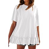 Tankaneo Womens Peplum Oversized Tshirt Summer Flowy Casual Shirt Dress Crew Neck Pleated Babydoll Beach Tunic Tops