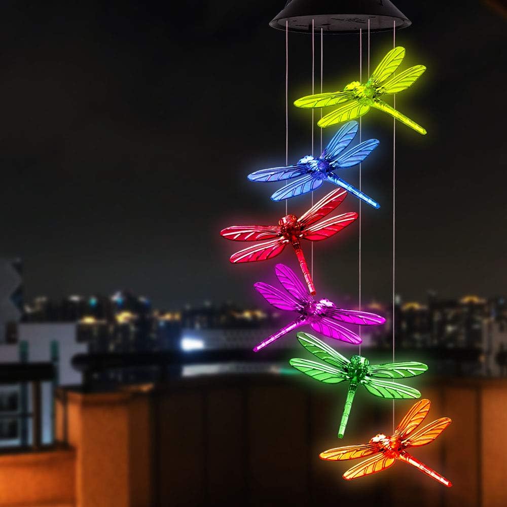 ME9UE Color Changing Dragonfly Solar Wind Chimes Gifts Portable Hanging Waterproof Mobile Romantic Windchime Outdoor LED Solar Dragonfly Wind Chime Light for Festival,Mom Gifts,Patio,Garden Decoration: Home & Kitchen