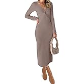 RAISECOM Womens Ribbed Knit Maxi Dresses Long Sleeve V Neck Casual Sweater Dress Bodycon Midi Dress