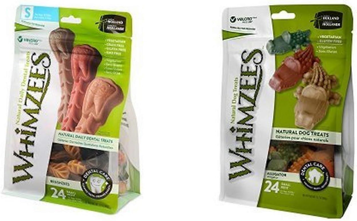 Whimzees Natural Grain Free Dental Dog Treats, Brushzees & Alligator, Small (Two 24-Count Bags), Variety Bundle