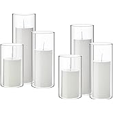 Shihanee Set of 6 Pillar Candles with Glass Cylinder Vases Clear Cylinder Hurricane Candleholders for Slim Tall Pillar Candles Wedding Table Centerpieces(2.6'' X 4.7'', 5.9'', 7.9'',White)