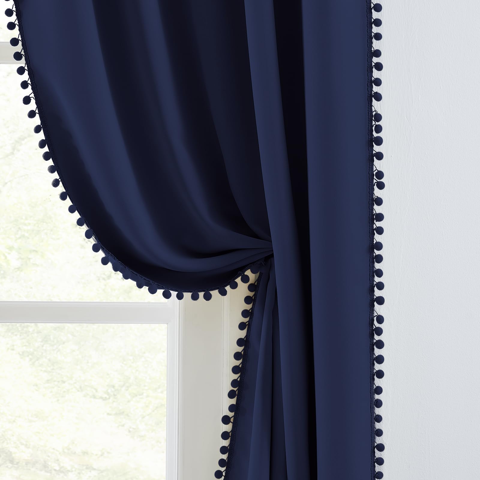 Melodieux Navy Pom Pom Curtains 63 Inch Length for Bedroom, Living Room Blackout Boho Curtains 2 Panels, Elegant Cotton Textured Rod Pocket Privacy Drapes for Kids Nursery Boys Bedroom, 52" W x 63" L