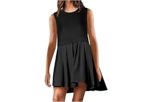 GOHRSHA Sleeveless Dresses for Women Casual Summer Pleated Tank Dress Ruffle Flowy Mini Dress Solid Crewneck Pleated Dress