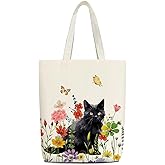 Black Cat Cute Canvas Tote Bag for Cat Lovers Aesthetic Reusable Vintage Flower Grocery Bags with Wide Strap Gifts for Women Sister Birthday Christmas Cotton Tote Bag for Shopping Work Gym - JZ035