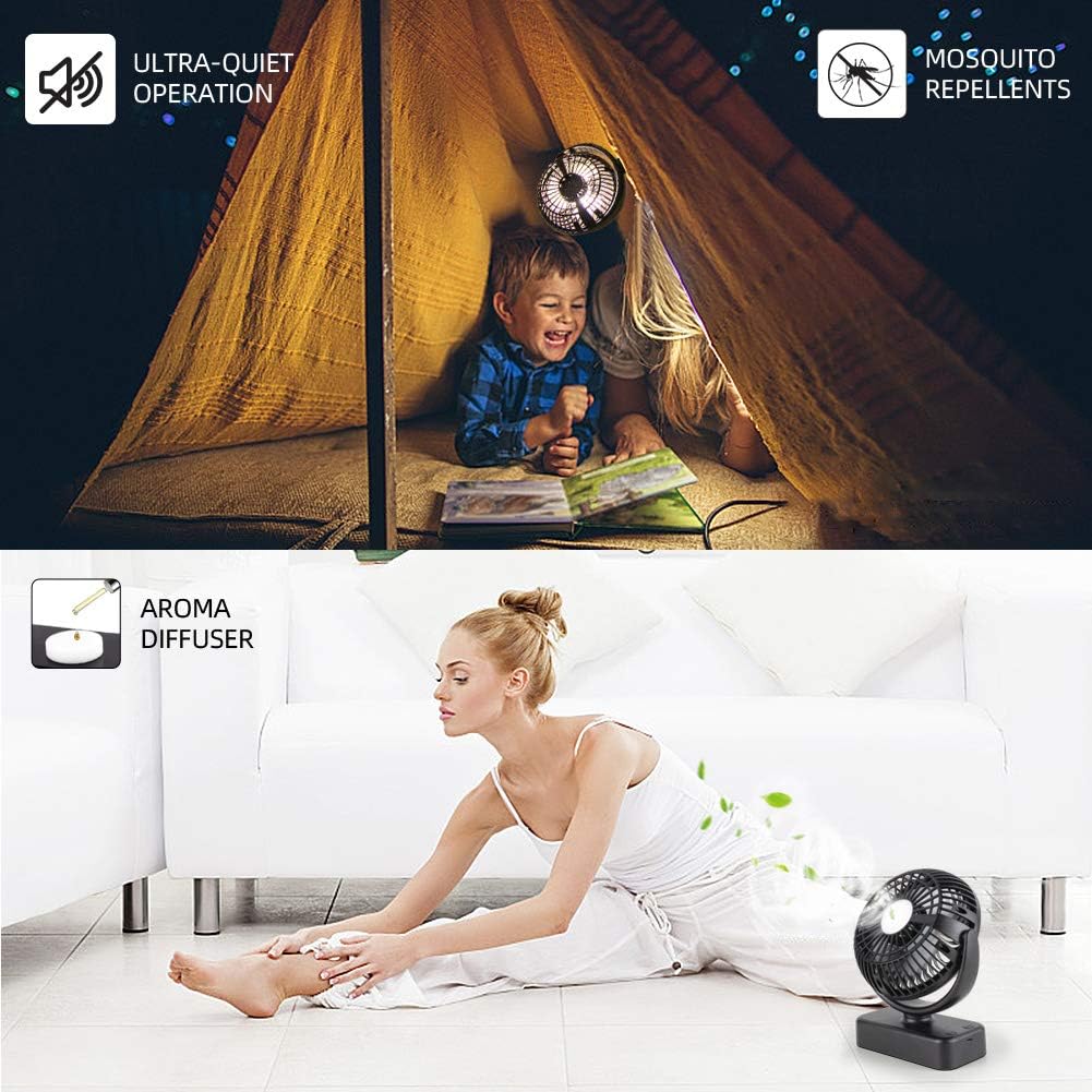 Amacool Portable Battery Camping Fan with LED Lantern - Rechargeable 5000mAh Battery Operated USB Desk Fan Kit with Hanging Hook for Tent Car RV Hurricane Emergency Outages: Sports & Outdoors