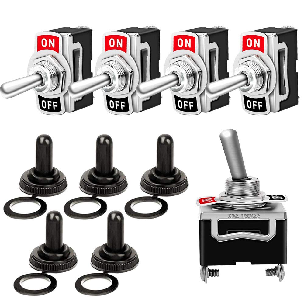 QitinDasen 5Pcs Premium Car Toggle Switch with Waterproof Cover, ON-OFF 2 Position 2 Pins SPST Auto Rocker Switch, Metal Mini Rocker Toggle Switch, for Car Truck Boat (15A 250VAC / 20A 125VAC)