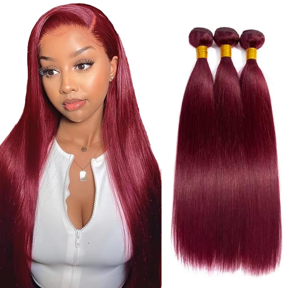 Photo 1 of 99J Human Hair Bundles Burgundy Straight 3 Bundles 24 26 28 Inch 150g Double Weft Brazilian Unprocessed Virgin Human Hair Extensions for Women