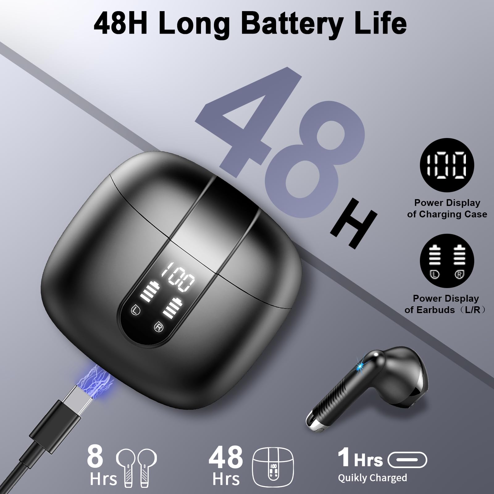Bluetooth Kopfhörer, In Ear Kopfhörer Kabellos Bluetooth 5.4 Kabellose Kopfhörer mit 4 Mic, Neue ENC Noise Cancelling Wireless Earbuds 48H Tiefer Bass, IP7 Wasserdicht Ohrhörer LED-Anzeige USB-C 5