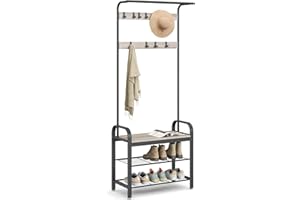 VASAGLE Coat Rack, Hall Tree with Shoe Bench for Entryway, Entryway Bench with Coat Rack, 4-in-1, with 9 Removable Hooks, a Hanging Rod, 13.3 x 28.3 x 72.1 Inches, Greige and Black UHSR40MB