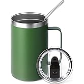 Volhoply 16oz Insulated Coffee Mug with Lid and Straw, Stainless Steel Travel Mugs with Handle, Double Wall Vacuum Leak Proof Coffee Tumbler Cup (Army Green,1)