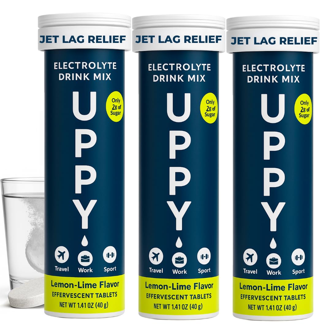 Uppy! Jet Lag Relief Lemon Lime Electrolyte Hydration Tablets 30 Count (3x10) Dissolves in Water to Fight Dehydration for Travellers, Athletes & Festival-Goers Travel-Friendly Wellness Essential