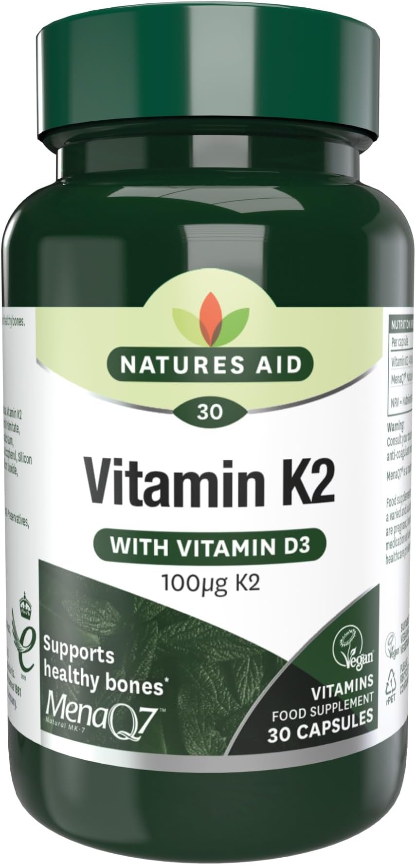 Natures Aid Vitamin K2 100mcg with Vitamin D3 MenaQ7 30 Capsules