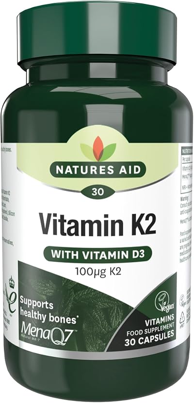 Natures Aid Vitamin K2 100mcg with Vitamin D3 MenaQ7 30 Capsules