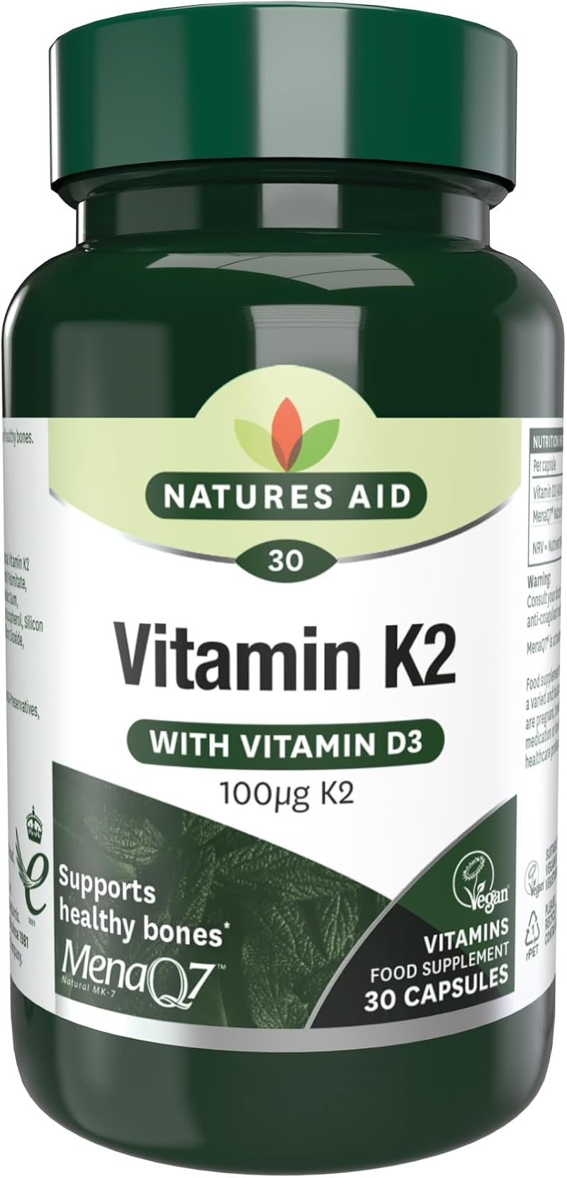 Natures Aid Vitamin K2 100mcg with Vitamin D3 MenaQ7 30 Capsules