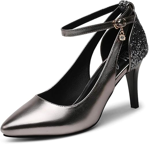 Amazon パンプス レディース シルバー 防水台 8cmヒール パンプス ピンヒール ポインテッドトゥ 歩きやすい アンクルストラップ 小さいサイズ レディース 靴 シューズ レディース 美脚 滑り止め 披露宴 結婚式 春 パンプス