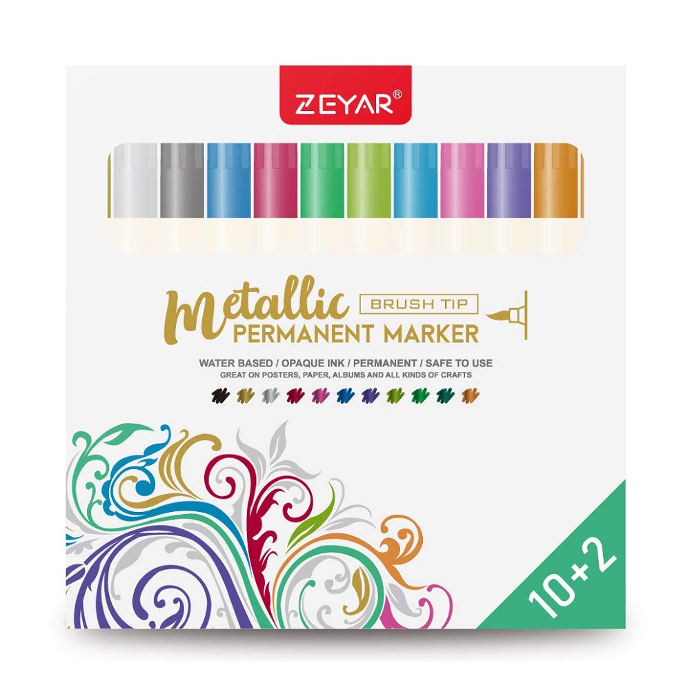 ZEYAR Metallic Marker Pens, Permanent Markers, Great for Rock Painting, Black Paper, Gift Card, Scrapbook, Photo Album, Glass, Wood and more, Brush Tip, 12 Colors set (Brush Tip)