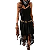Verdusa Women's Western Fringe Dress Vintage Deep V Neck Maxi Cowgirl Dresses