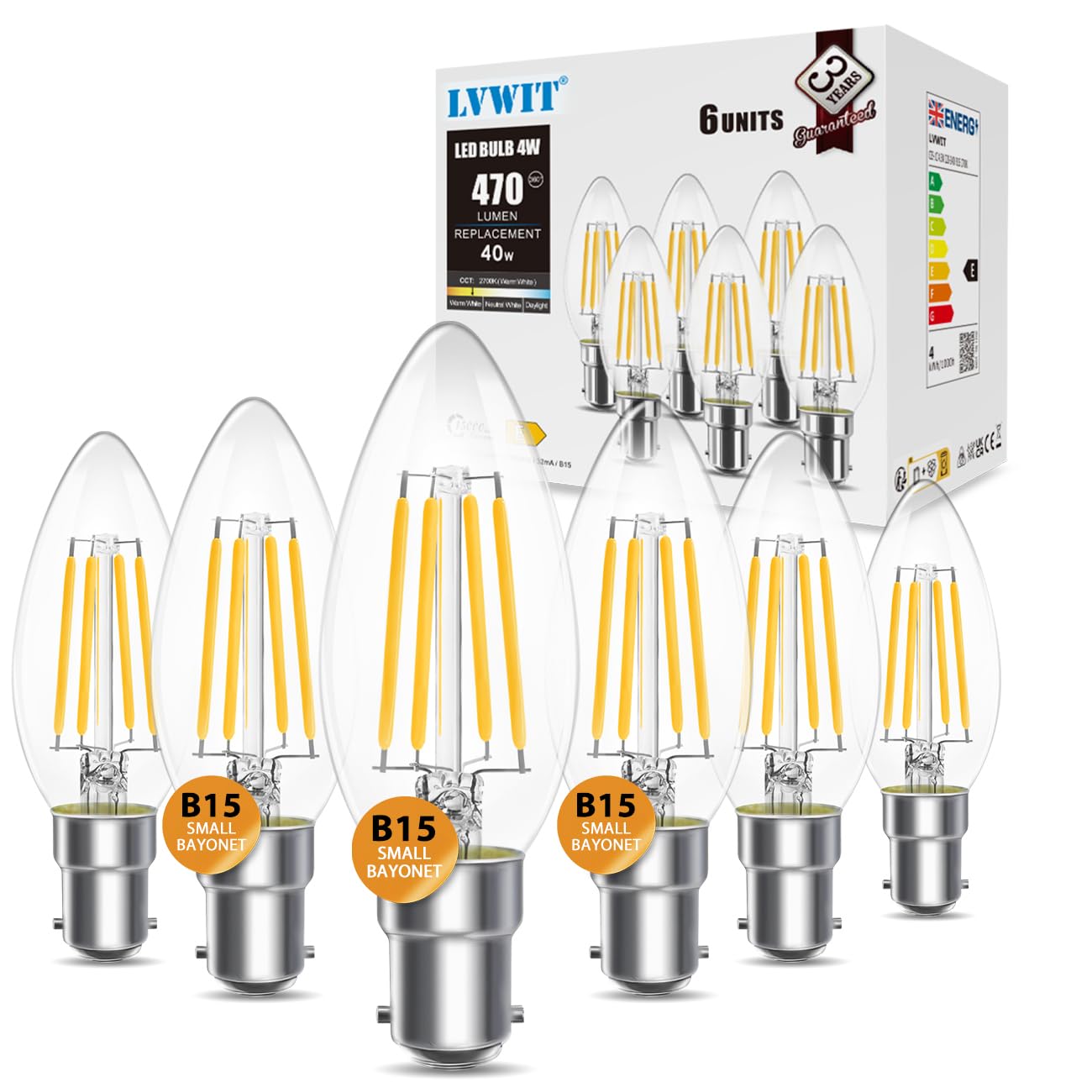 LVWIT 4W C35 Small Bayonet Bulb 40W Incandescent Bulbs Equivalent, B15 LED Filament Candle Bulb,470Lm, 2700K Warm White Candle B15 Bulbs Small Bayonet,220-240V,NO-Dimmable,(35MM*97MM/ 6 PCS) — image 1