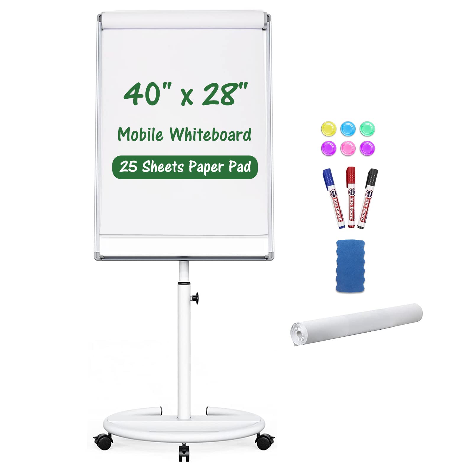 Photo 1 of **MAJOR DAMAGE**
Mobile Dry Erase Board, 40x28 inches Magnetic Portable Whiteboard Stand Easel White Board with 25 Sheets Paper Pad, Height Adjustable Flipchart Easel Board for School, Office, Home