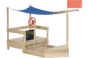 Outsunny Kids Wooden Sandbox, Covered Children Sand Boat Outdoor with Cover, Foldable Sandpit, Flag, Bottom Liner, for 3-8 Ye