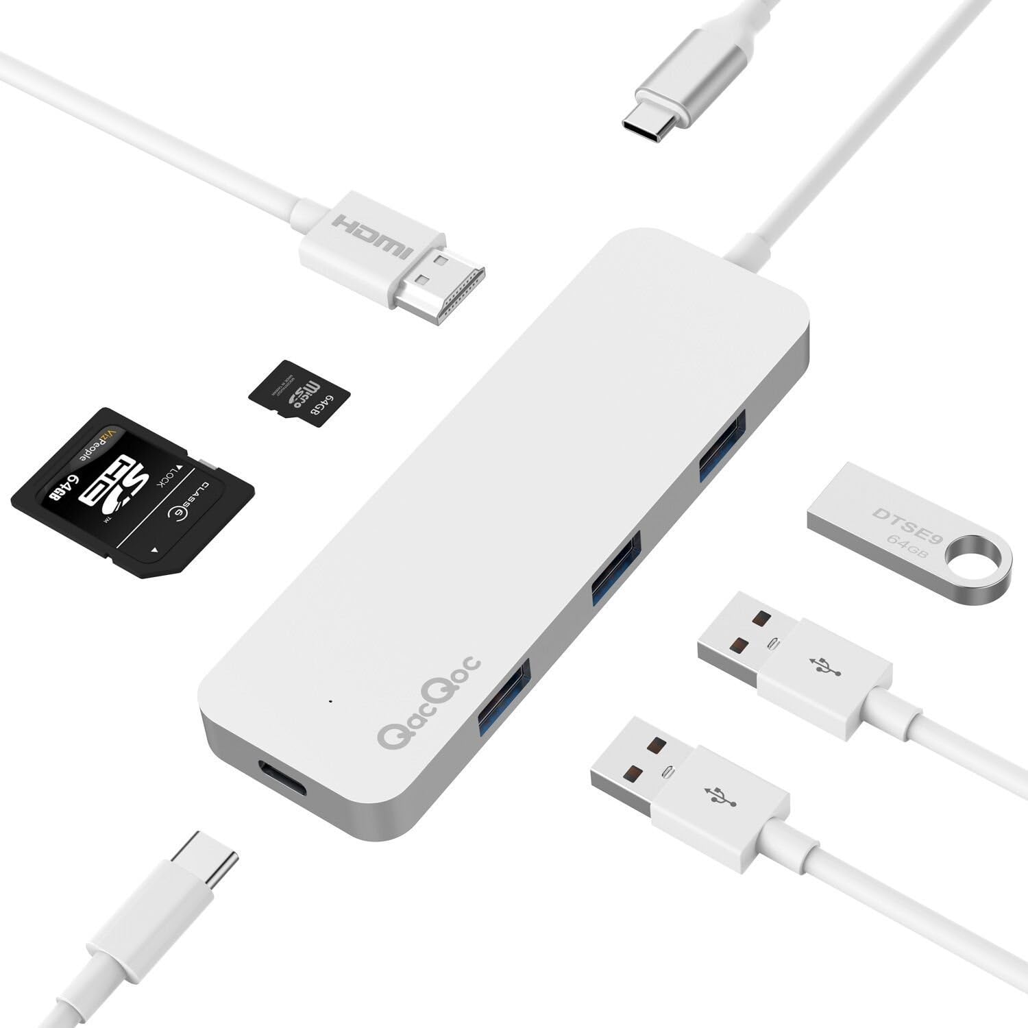 QacQoc 7-in-1 USB C Hub Aluminum, Type C to HDMI Adapter with USB-C Power Delivery, 3 USB 3.0 Ports, TF/SD Card Reader for MacBook/MacBook Pro 2016/Google Chromebook and More (Silver)