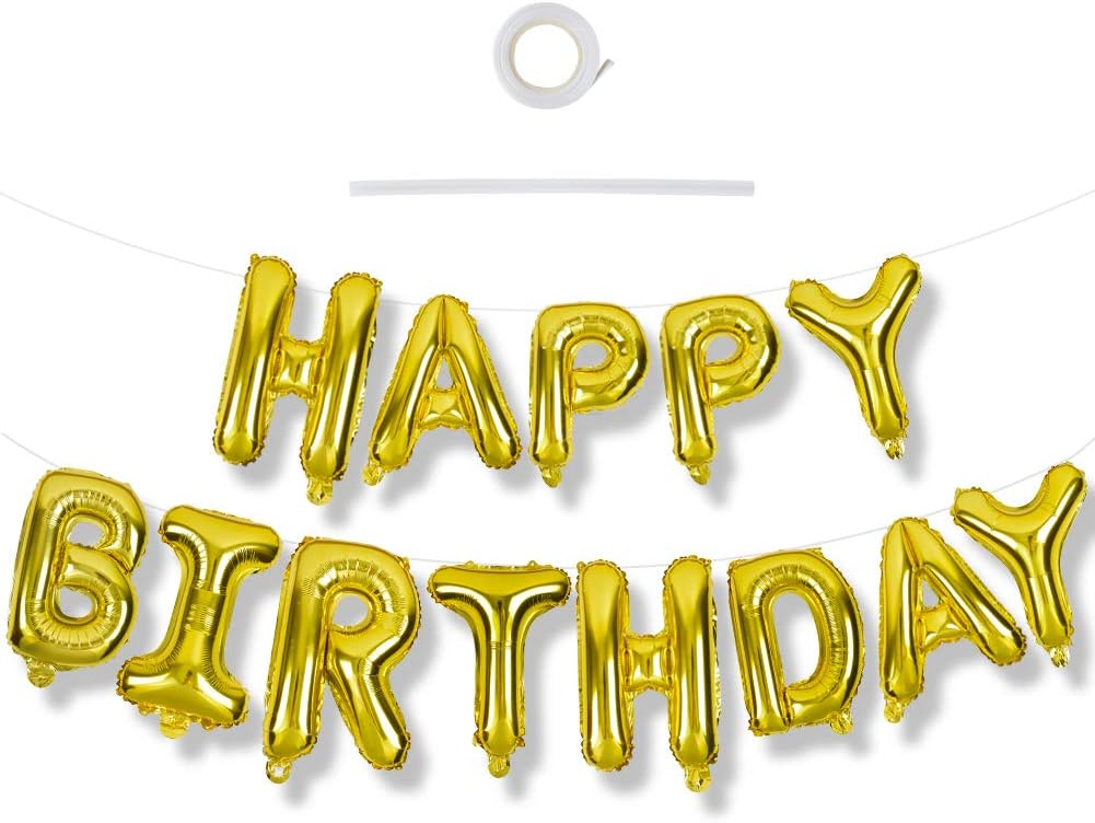 Gold Happy Birthday Balloons Banner with Ribbon Straw