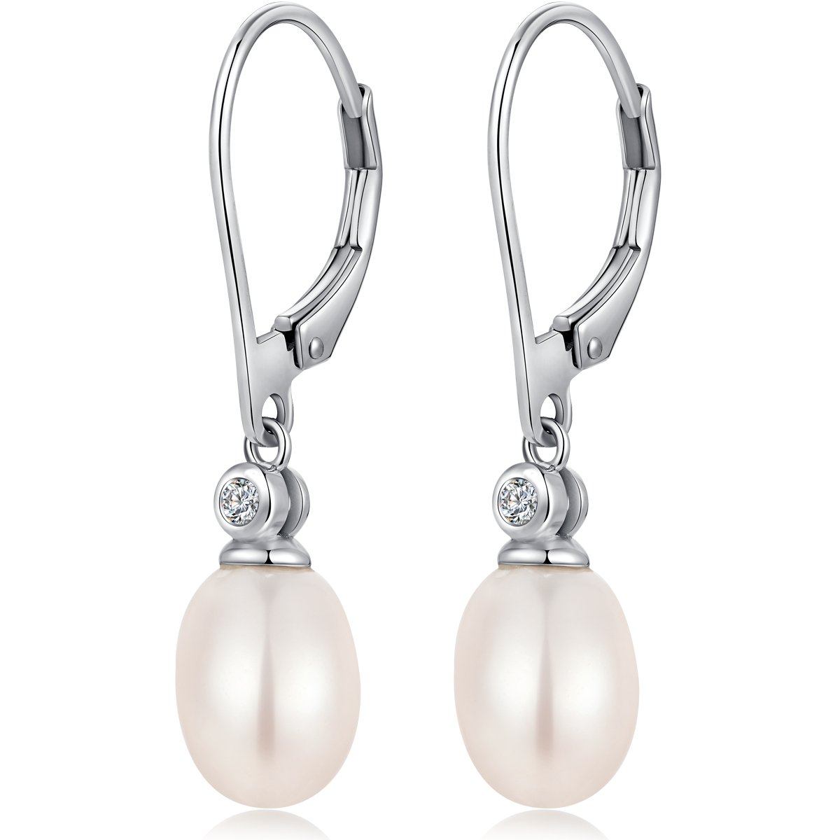 Pearl Earrings Silver Pearl Drop Earrings Diamond Teardrop Pearl Earrings for Women Sterling Silver Tear drop Pearl Earrings Women Dangle Pearl Earrings White Pearl Earrings Leverback Pearl Earrings